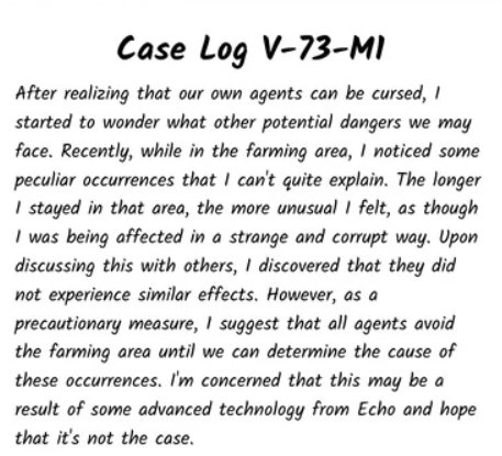 The Case file from the vortex filing cabinet labeled Suspicious farm activity.